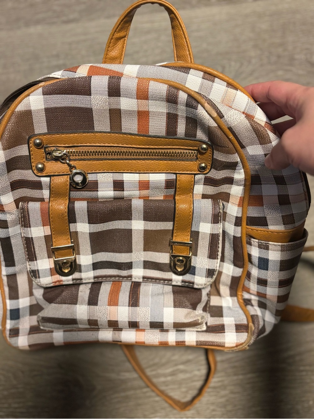 Women's Plaid Canvas Backpack with Tan Trim